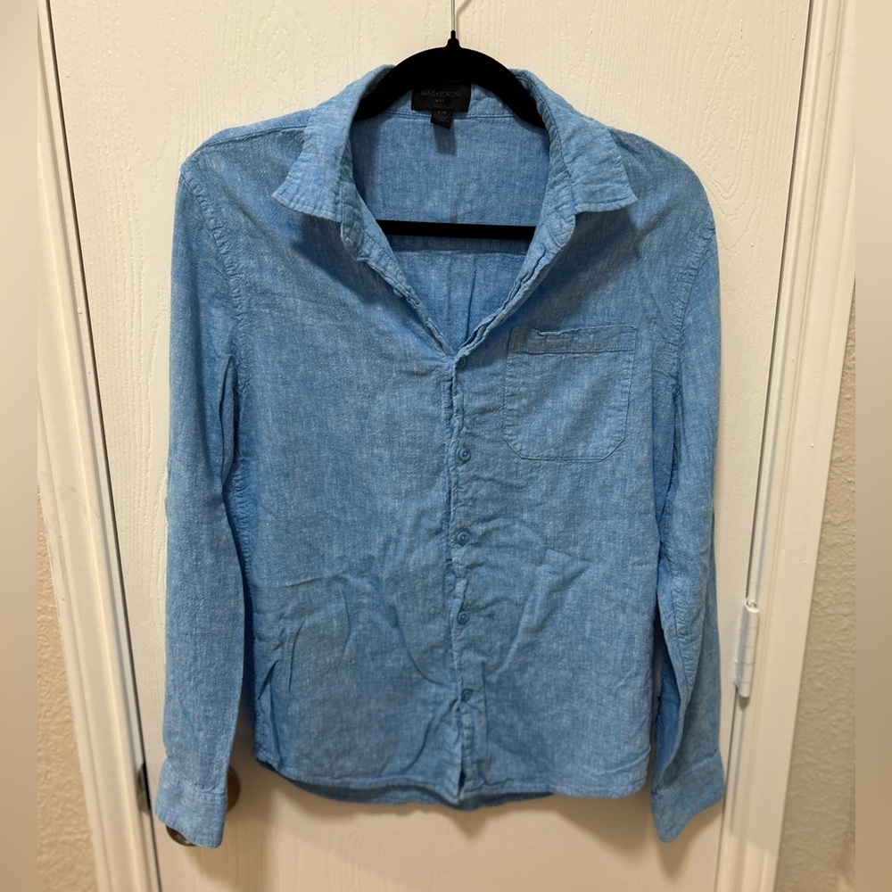Magaschoni blue linen blend button down long sleeve shirt men’s size small